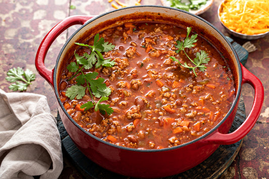 Sonny's Farm American Wagyu ground beef chili with grass-fed, pastured beef and pumpkins