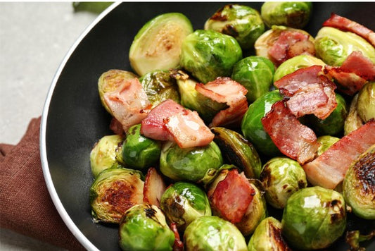 Brussels Sprouts roasted with bacon ends and rendered pork fat